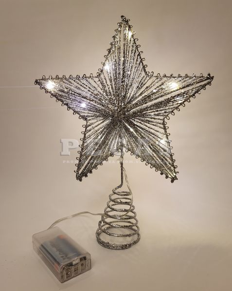 Верхушка на елку серебряная с блесточками Led, звезда на елку со светодиодами 2437710536 фото